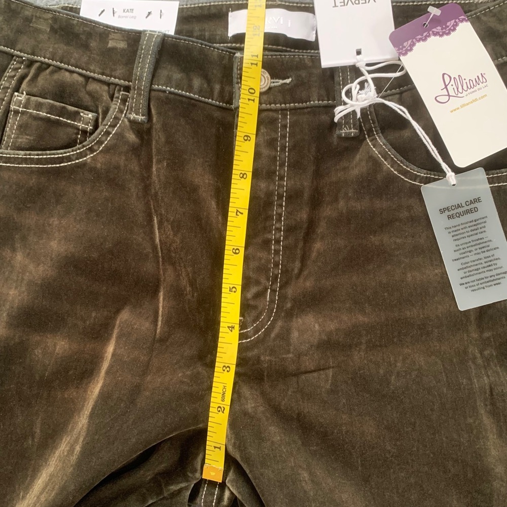 NWT Vervet Kate High Rise Flocked Barrel Leg Jeans Velvet Olive Brown Size 30 - Picture 15 of 16
